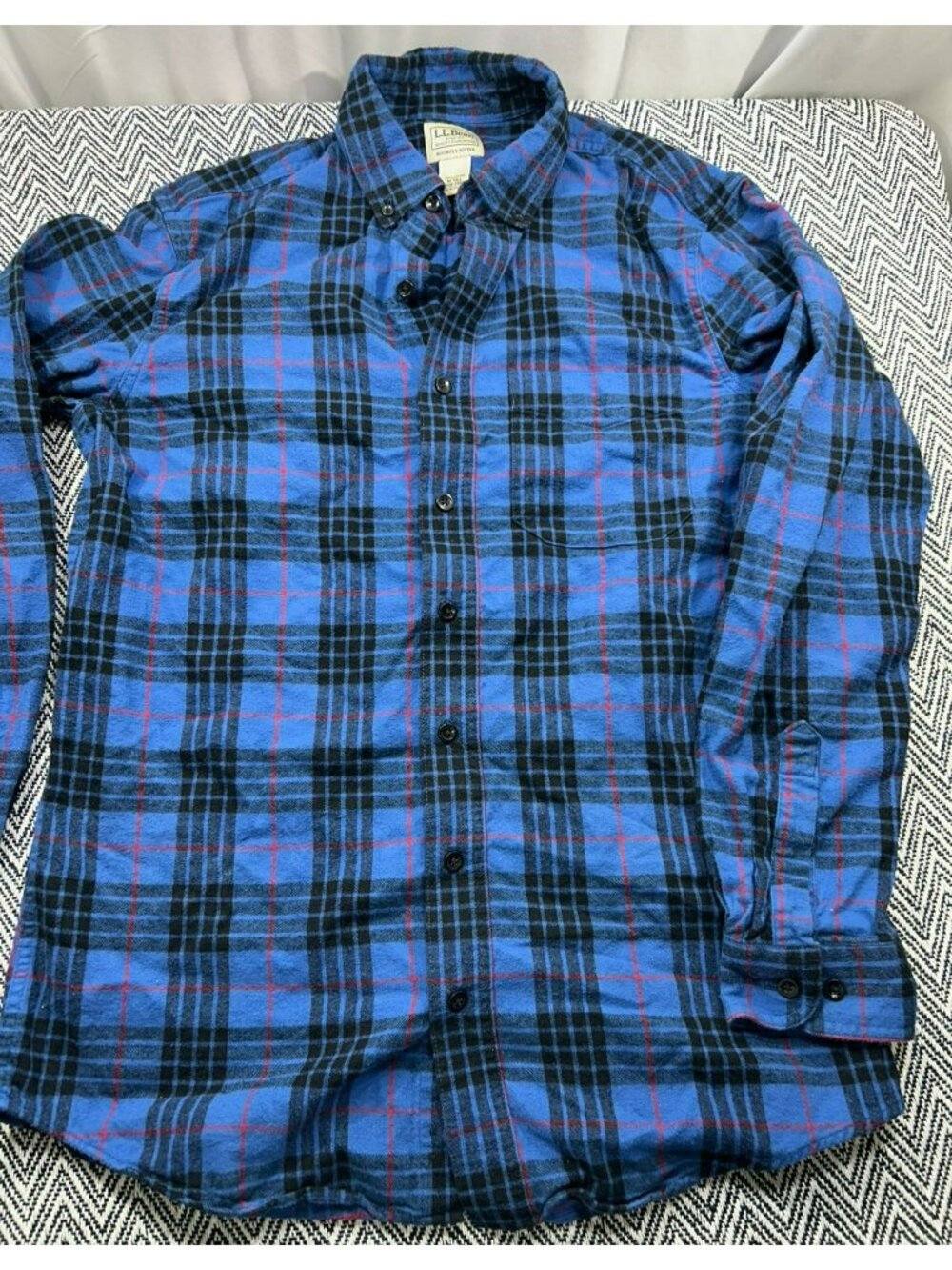 VTG L.L. Bean Mens Slightly Fitted M-Tall Plaid Flannel Button-Down Shirt Blue &